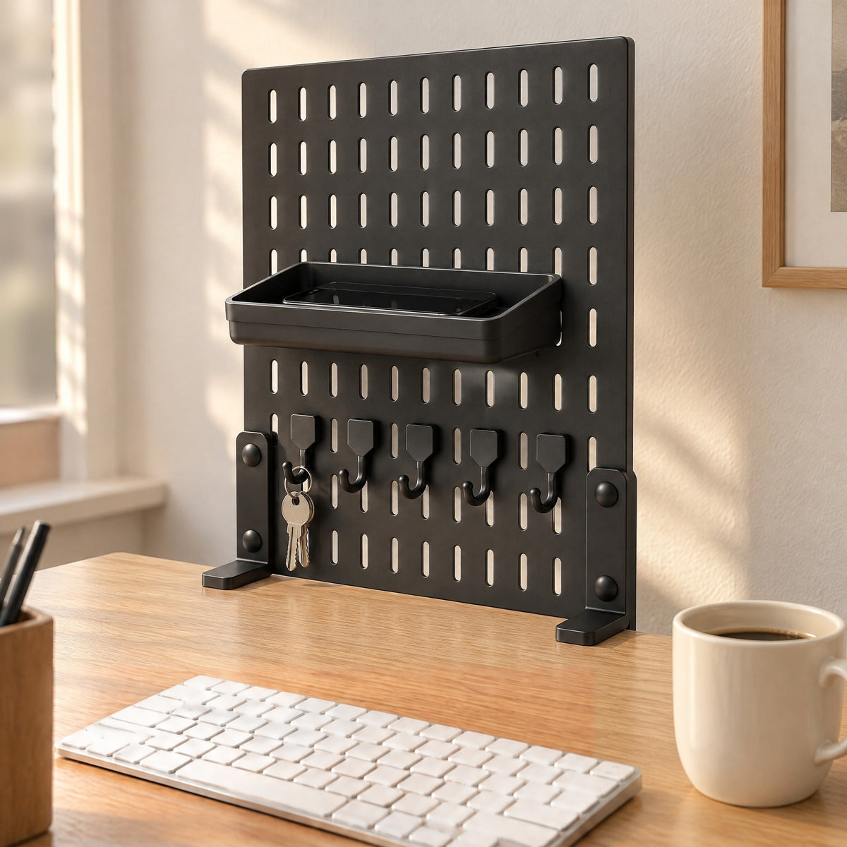 Black Trellis pegboard clamped to the back edge of an oak desk, a phone resting in its tray