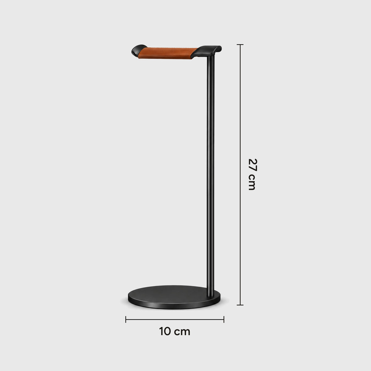 Headphone stand dimensions: 27 cm tall with a 10 cm round base