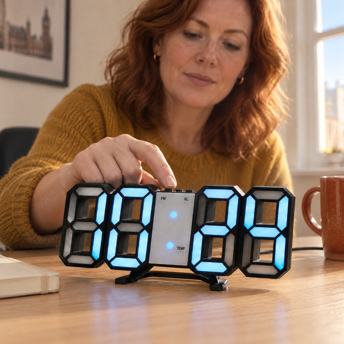 Woman pressing a button on top of a black 3D LED digital clock with blue light on an oak home-office desk