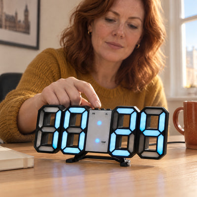 Woman pressing a button on top of a black 3D LED digital clock with blue light on an oak home-office desk