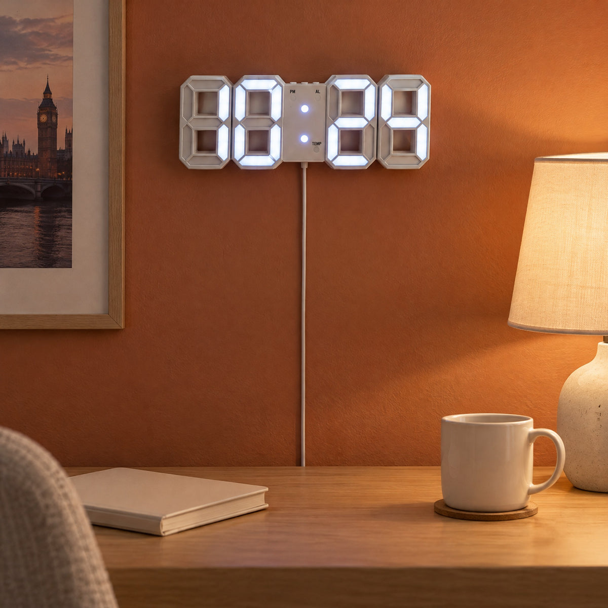 White 3D LED digital clock with white light hung on a terracotta wall above a home-office desk