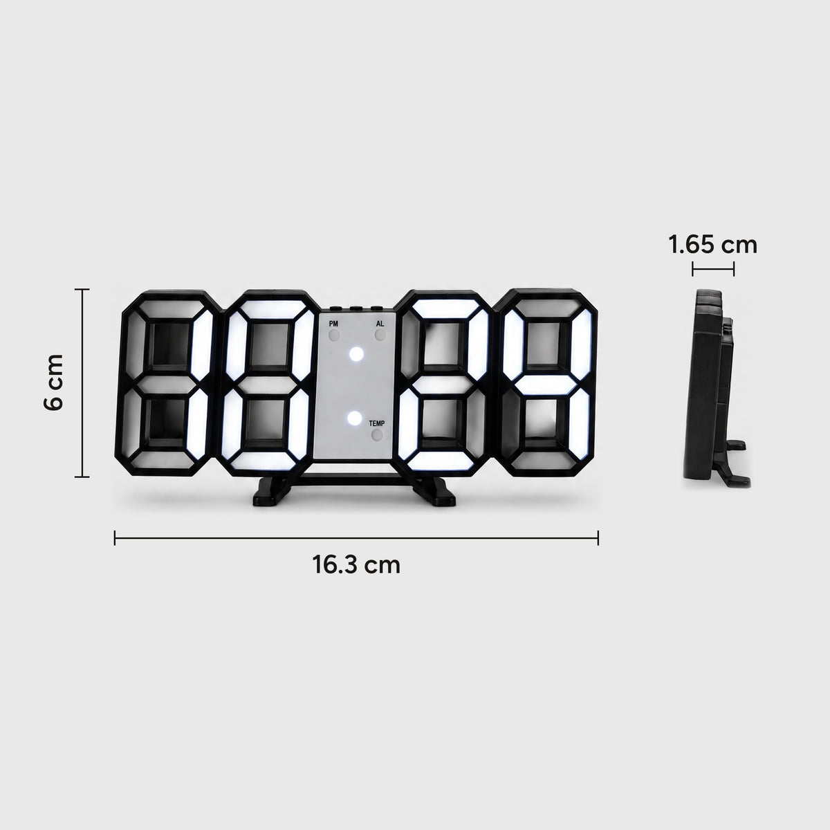 3D LED digital clock dimensions: 16.3 cm wide, 6 cm tall and 1.65 cm deep