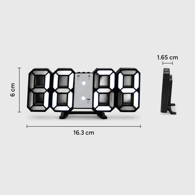 3D LED digital clock dimensions: 16.3 cm wide, 6 cm tall and 1.65 cm deep