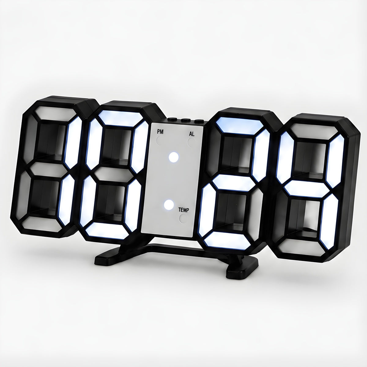 3D LED digital clock in black with white light, on its fold-out stand