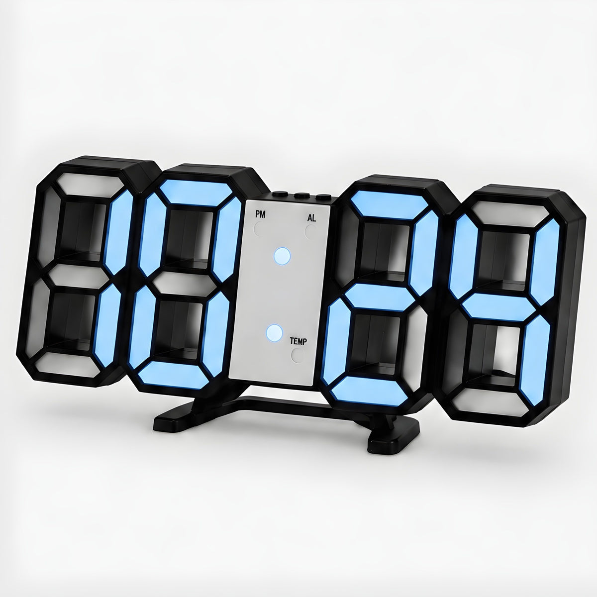 3D LED digital clock in black with blue light, on its fold-out stand