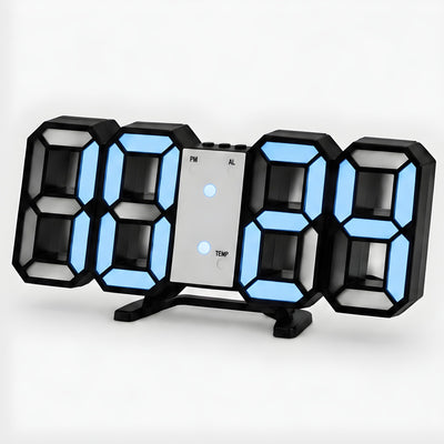3D LED digital clock in black with blue light, on its fold-out stand