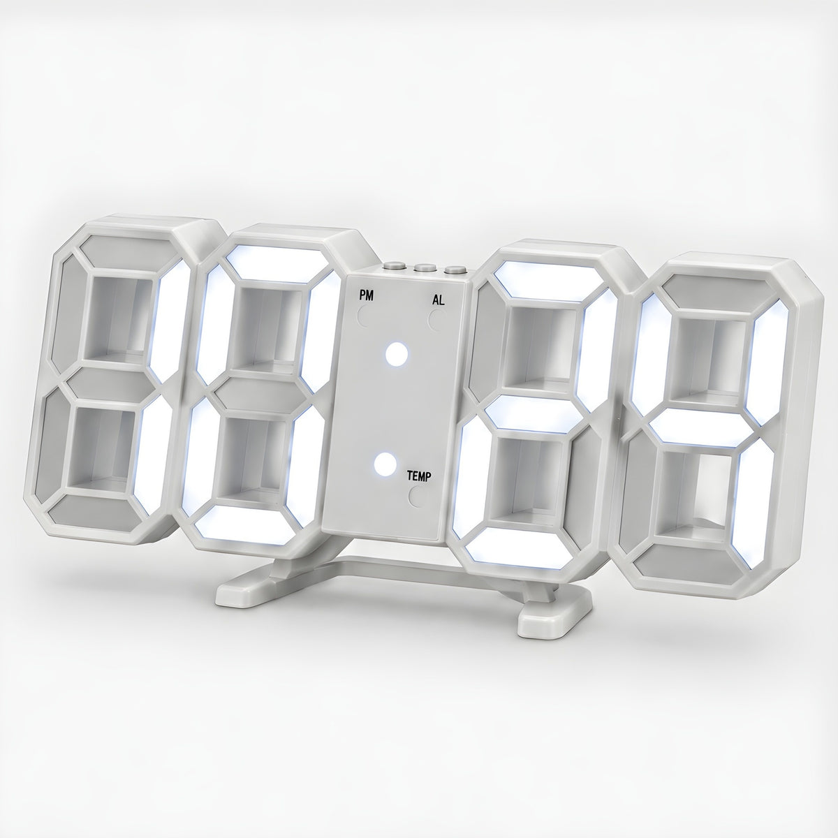 3D LED digital clock in white with white light, on its fold-out stand