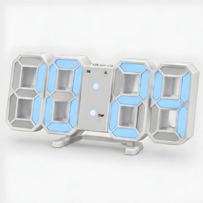 3D LED digital clock in white with blue light, on its fold-out stand