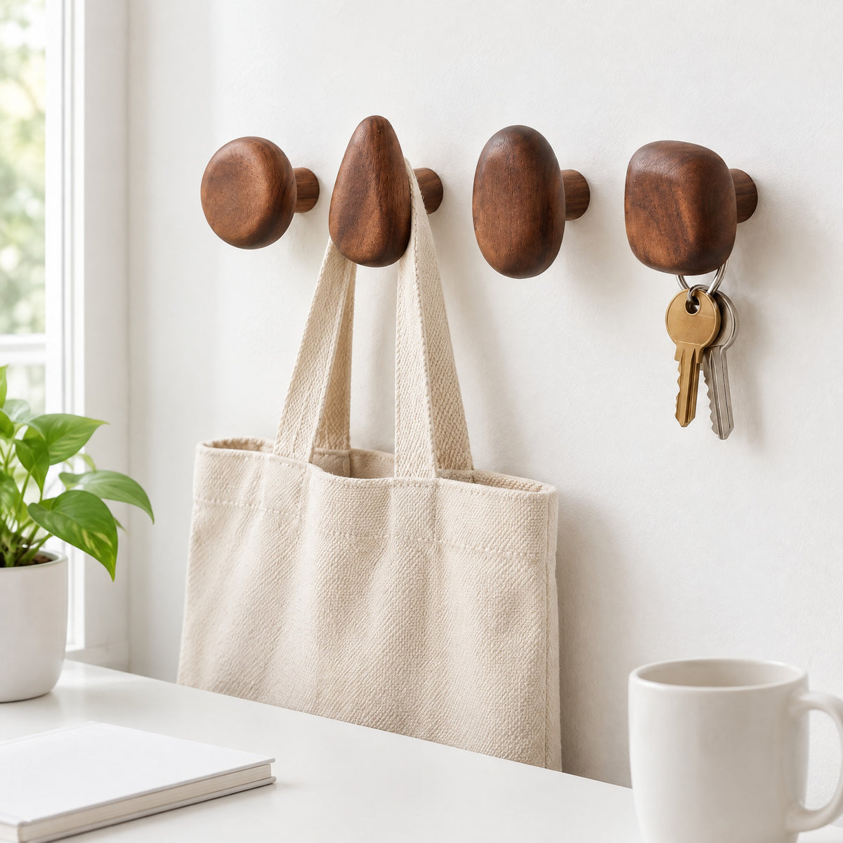 Four solid walnut pebble wall hooks on a white wall, one holding a cream canvas tote and one holding a set of keys