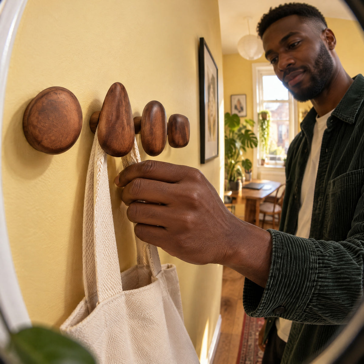 Man hanging a canvas tote on a teardrop-shaped walnut wall hook in a sunny yellow hallway