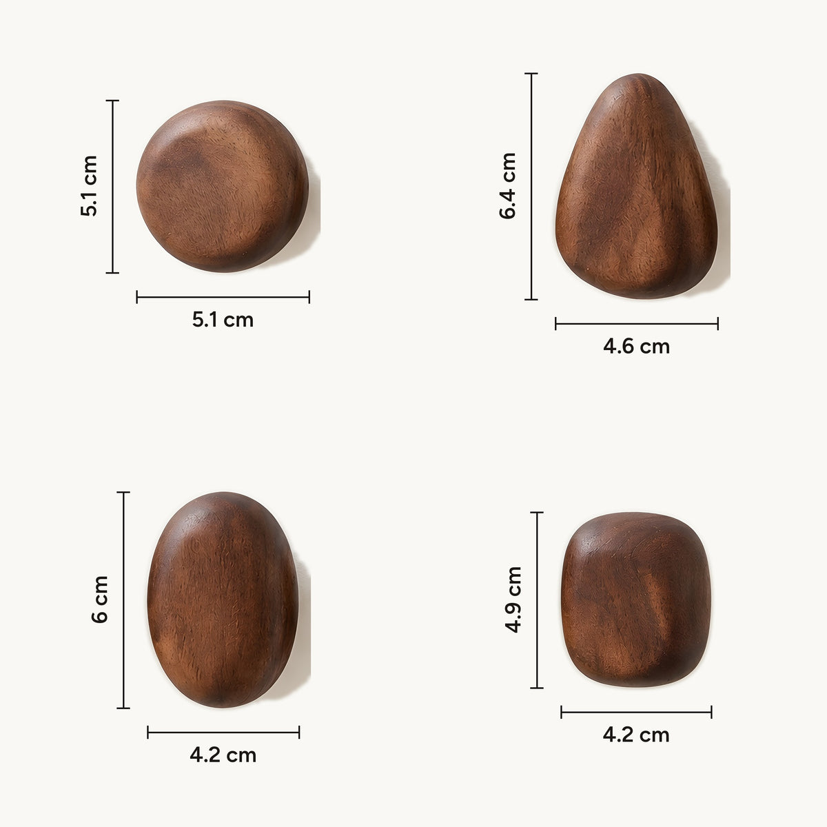 Pebble wall hook sizes: round 5.1 cm, teardrop 4.6 x 6.4 cm, oval 4.2 x 6 cm and rounded square 4.2 x 4.9 cm