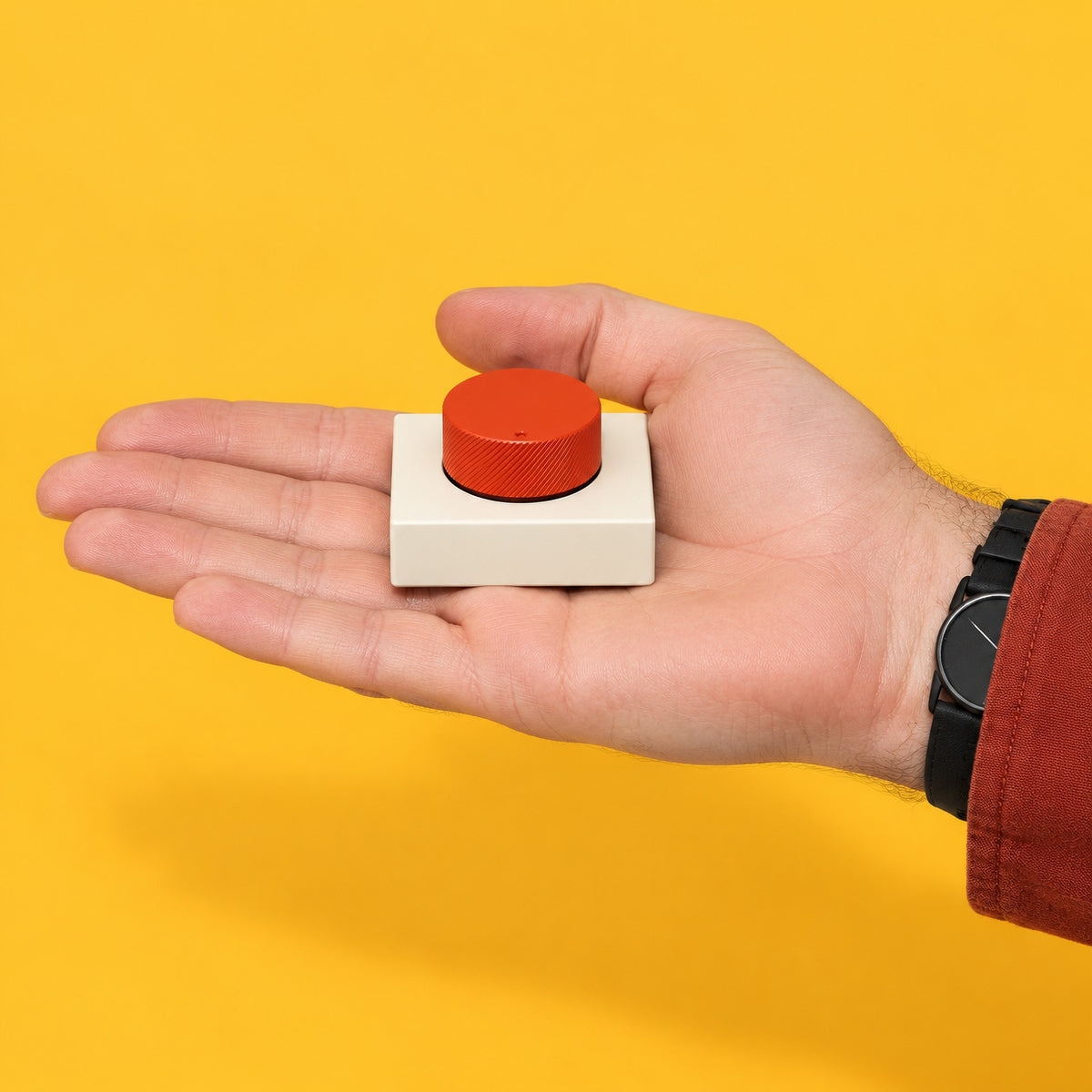 Capstan desktop control knob resting on an open palm, showing its true size: a 6 cm square base