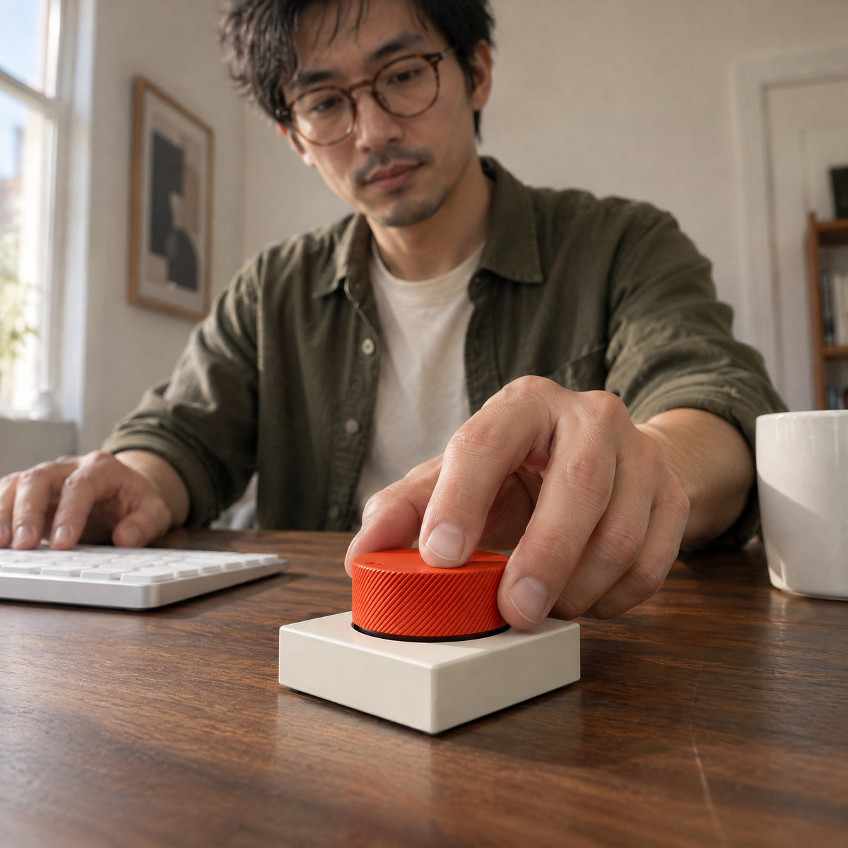 Man turning the orange Capstan control knob on a walnut desk, his other hand resting on a white keyboard