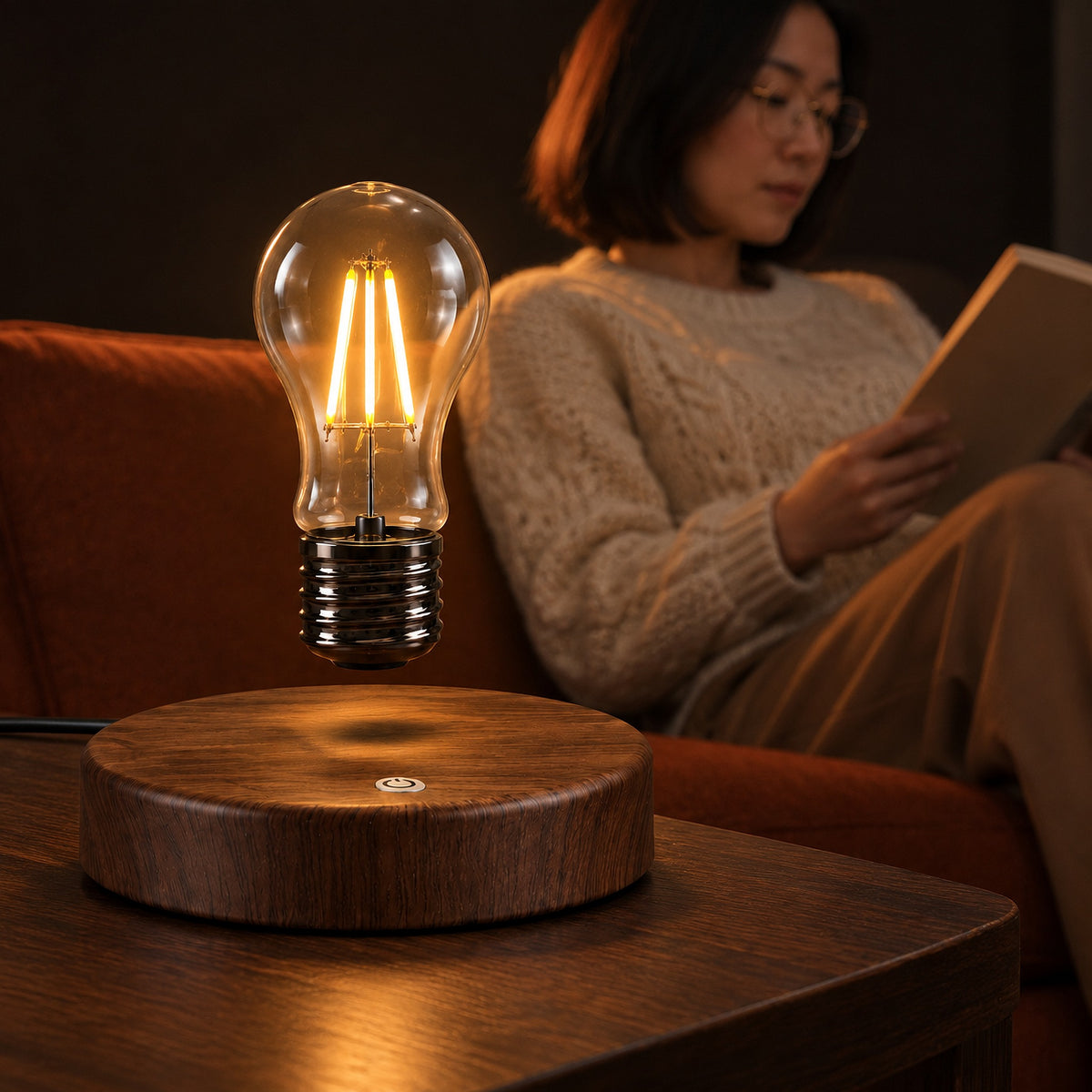Drift levitating lamp glowing on a side table in the evening while a woman reads on the sofa behind