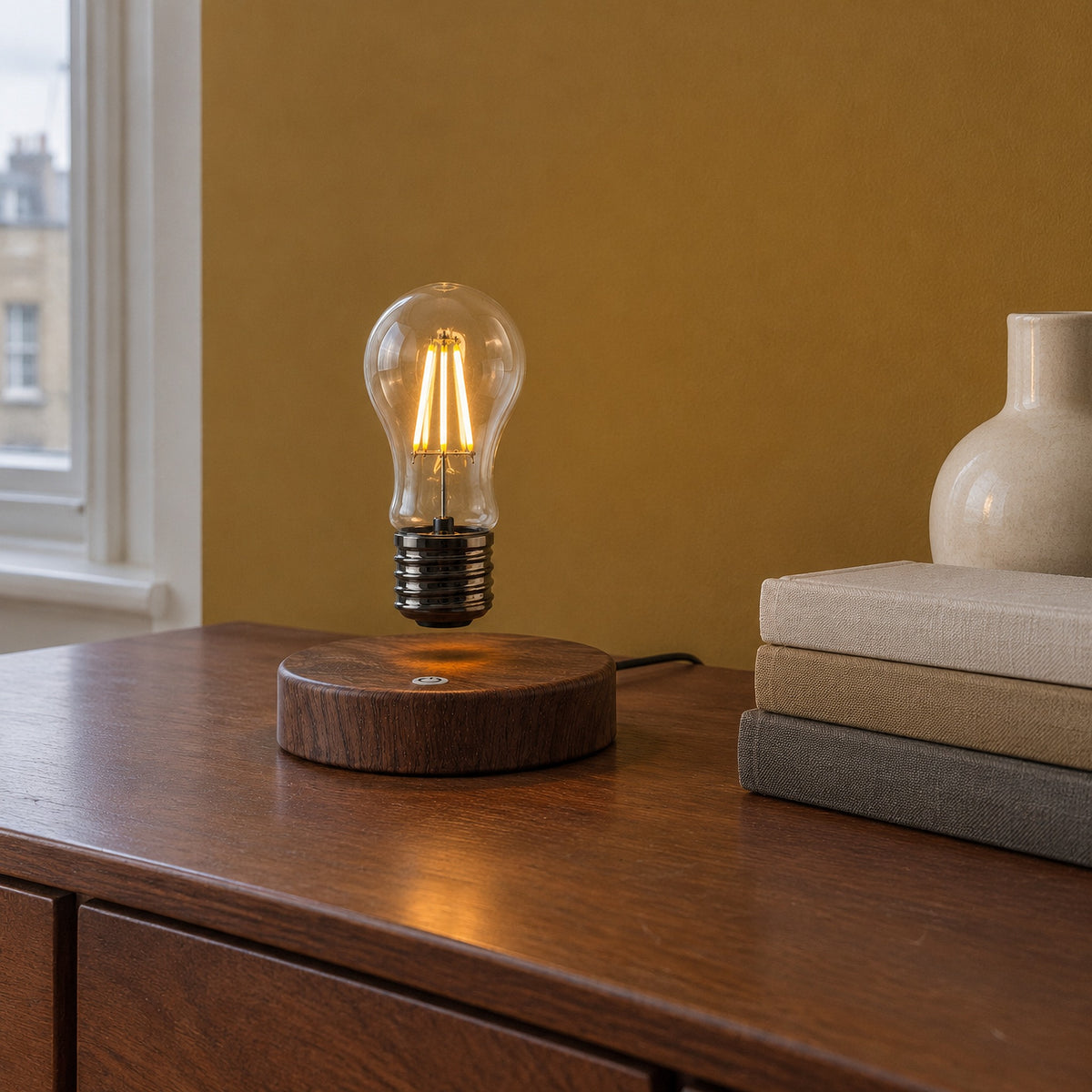 Drift levitating lamp with the round base, lit, on a wooden sideboard beside a stack of books