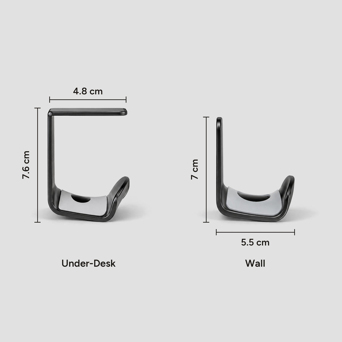 Eave hook dimensions: Under-Desk 7.6 cm tall with a 4.8 cm top plate; Wall 7 cm tall with a 5.5 cm deep cradle