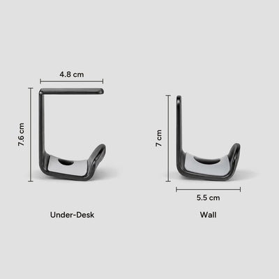 Eave hook dimensions: Under-Desk 7.6 cm tall with a 4.8 cm top plate; Wall 7 cm tall with a 5.5 cm deep cradle
