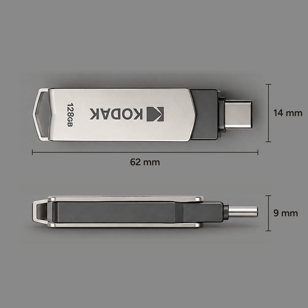 Ferry flash drive dimensions: 62 mm long, 14 mm wide and 9 mm thick when closed