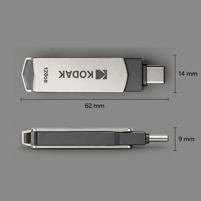 Ferry flash drive dimensions: 62 mm long, 14 mm wide and 9 mm thick when closed
