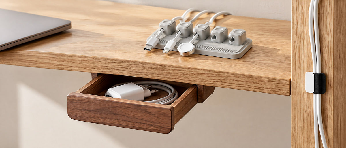 Cable holder, cable tie and a walnut drawer under a desk