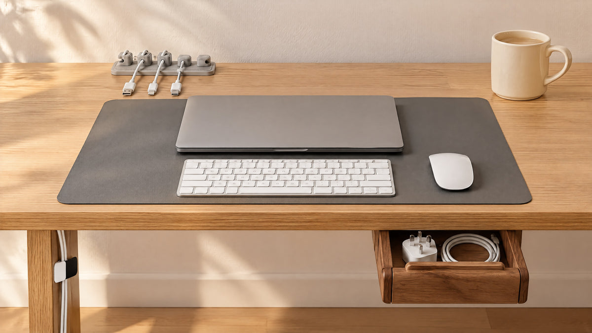 The same desk tidy: cables in a holder, a desk mat and a walnut drawer under the desk