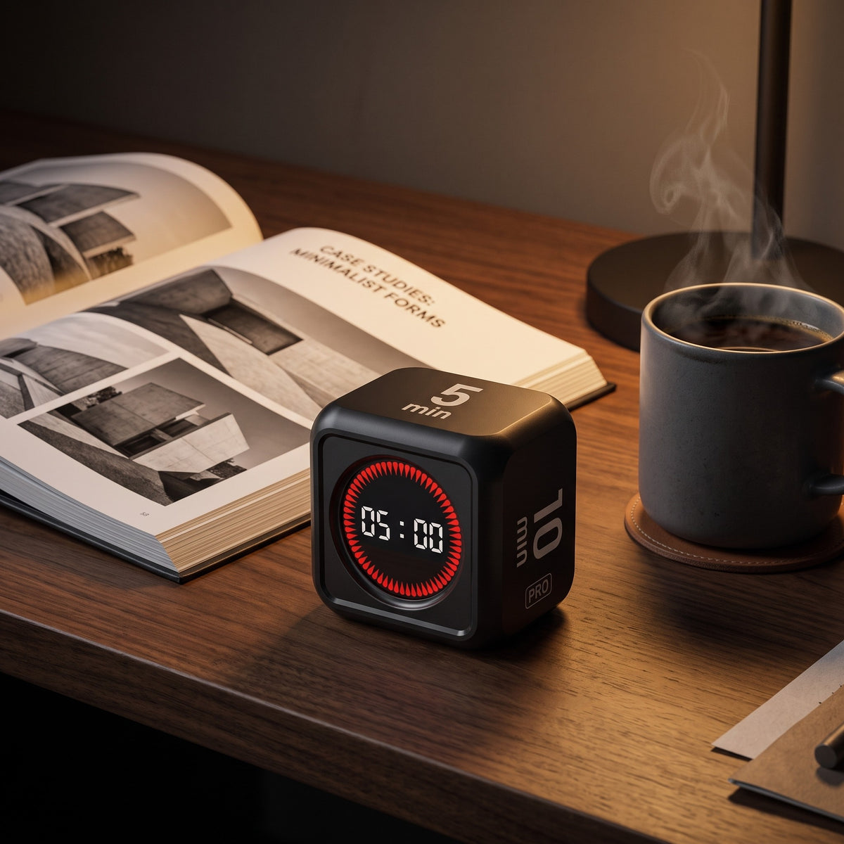 Black Cube Pro flip timer on an open book
