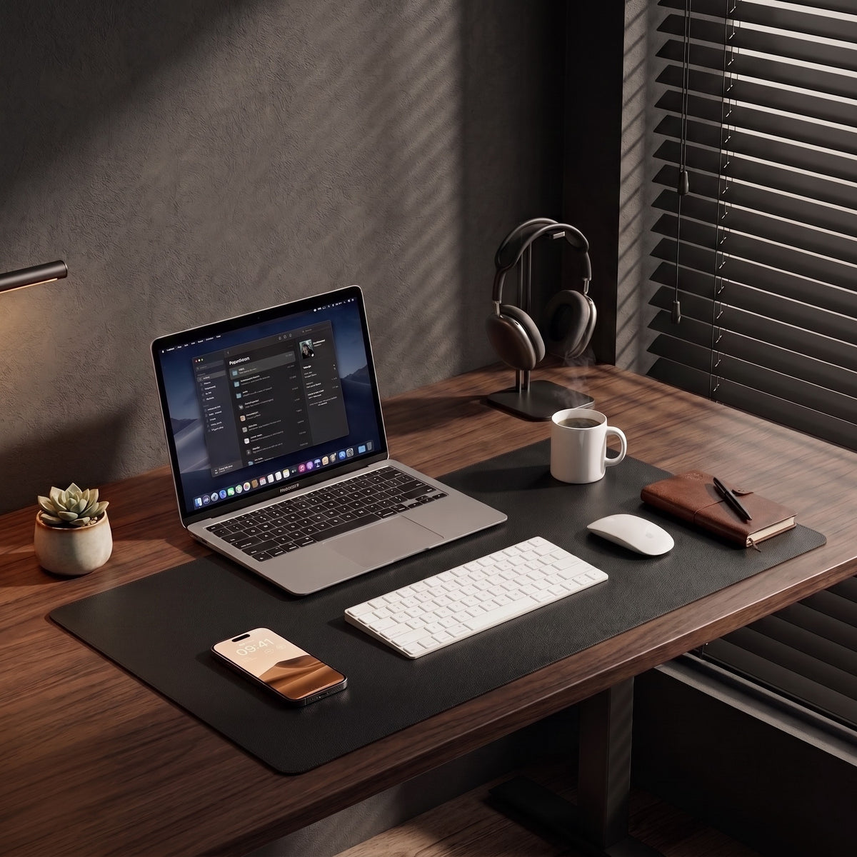 Black desk mat under a laptop, keyboard and mouse