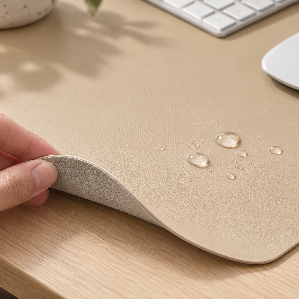 Corner of a faux leather desk mat lifted to show the non-slip back
