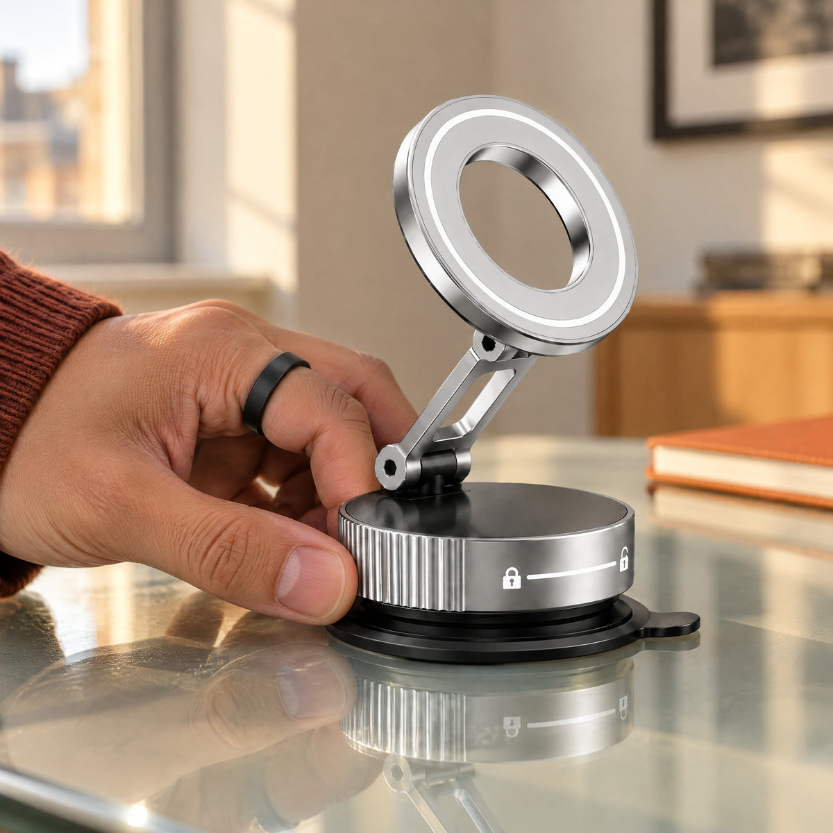 Hand turning the ribbed base of the silver Limpet mount to lock its suction disc onto a glass desk