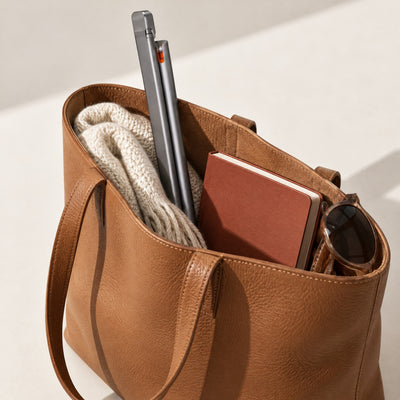 Grey Lintel desk lamp folded slim, standing in a tan leather tote bag