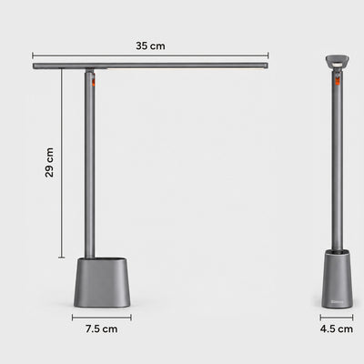 Lintel desk lamp dimensions: 35 cm light bar, 29 cm from base to bar, base 7.5 by 4.5 cm