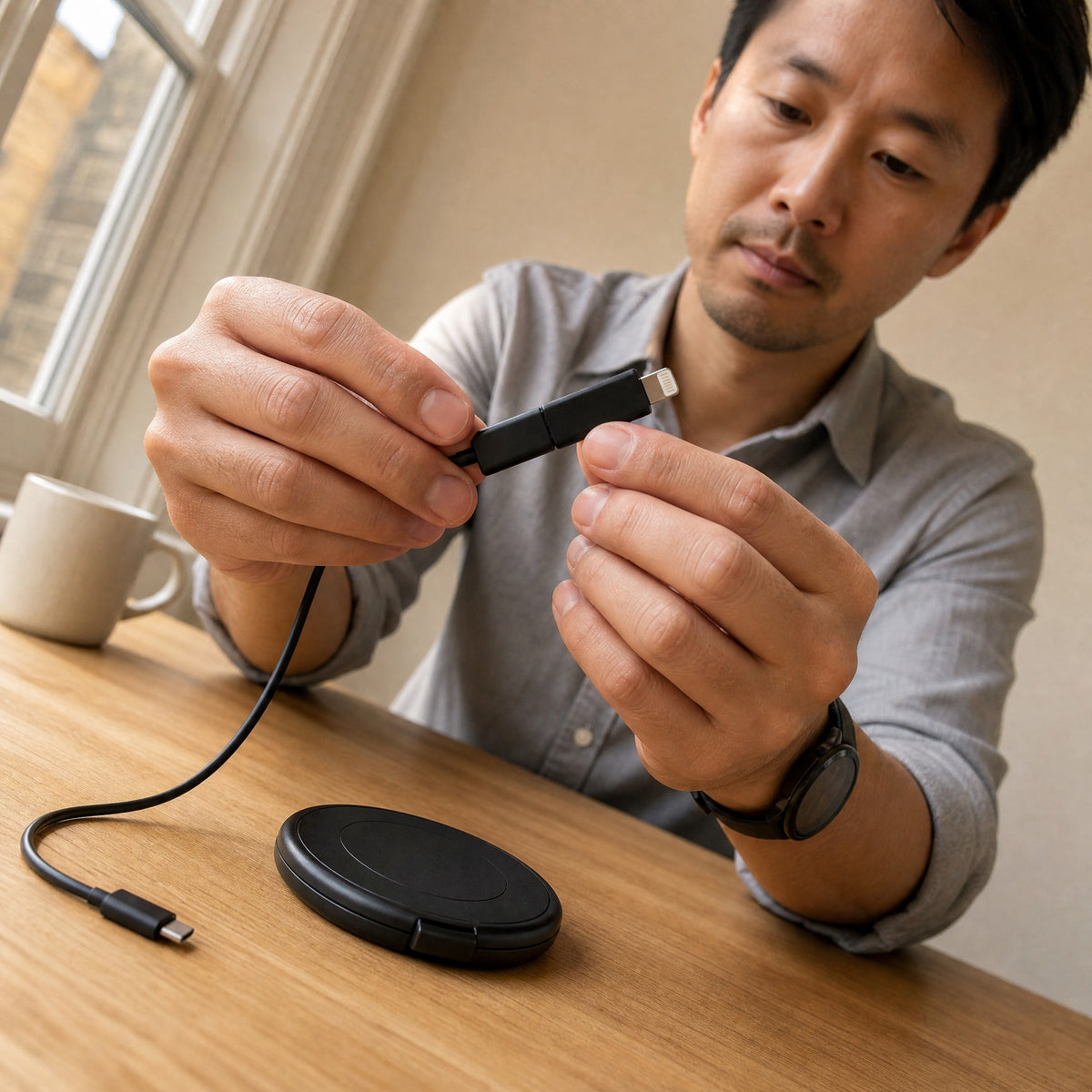 Man fitting the Lightning-compatible adapter onto the end of the Locket USB-C cable, with the closed case on his desk