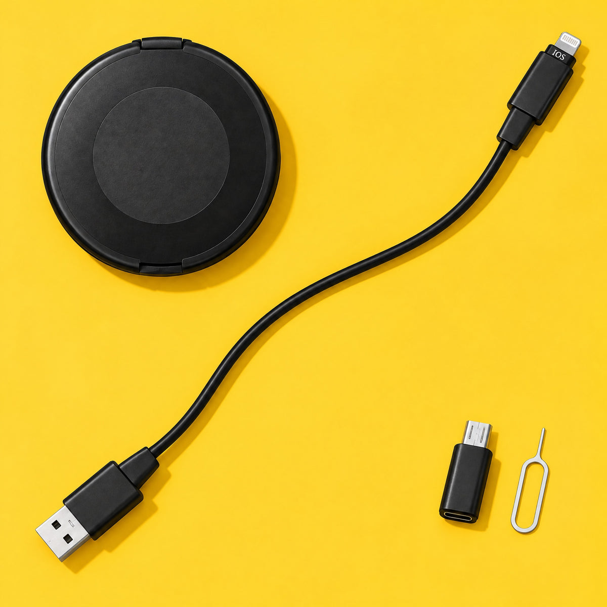 One Locket kit laid out on yellow: the closed case, the USB-C cable with the USB-A and Lightning-compatible adapters fitted, the micro USB adapter and the SIM pin