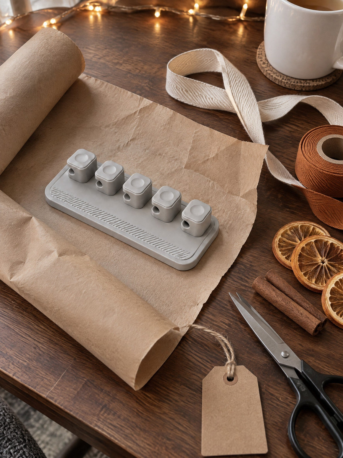 Grey magnetic cable holder with five clips on brown kraft paper, ready to be wrapped, with ribbon, dried orange slices and cinnamon