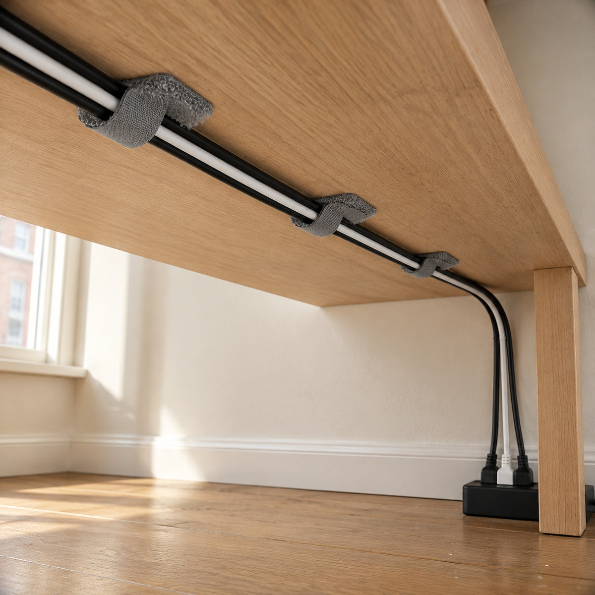 Three grey Velor cable ties holding black and white cables under an oak desk