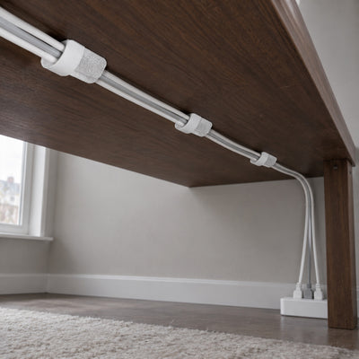 Three white Velor cable ties holding a bundle of cables under a walnut desk