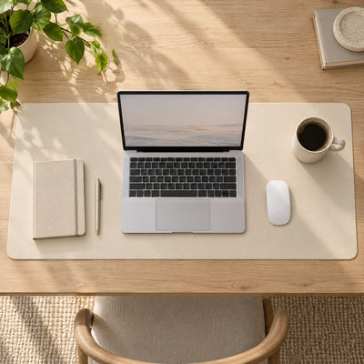 Flow desk mat in eggshell with a laptop, top view