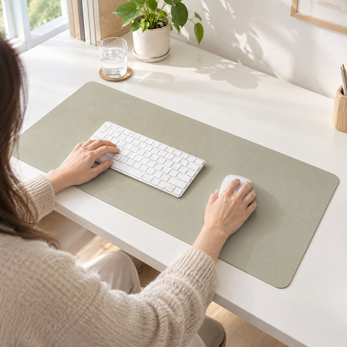 Flow desk mat in sage green in use
