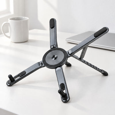 Span stand open as an X, with its magnetic disc, rear supports and front stops