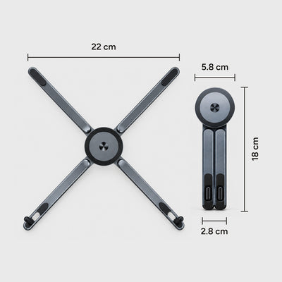 Span stand dimensions: 22 cm wide open, 18 x 2.8 cm folded, 5.8 cm magnetic disc