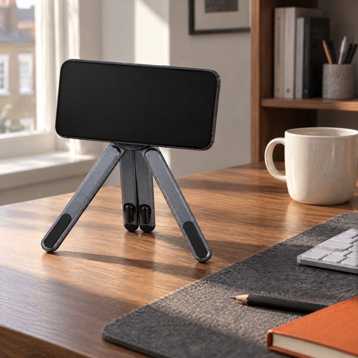 Phone held in landscape on the Span tripod on a walnut desk beside a mug