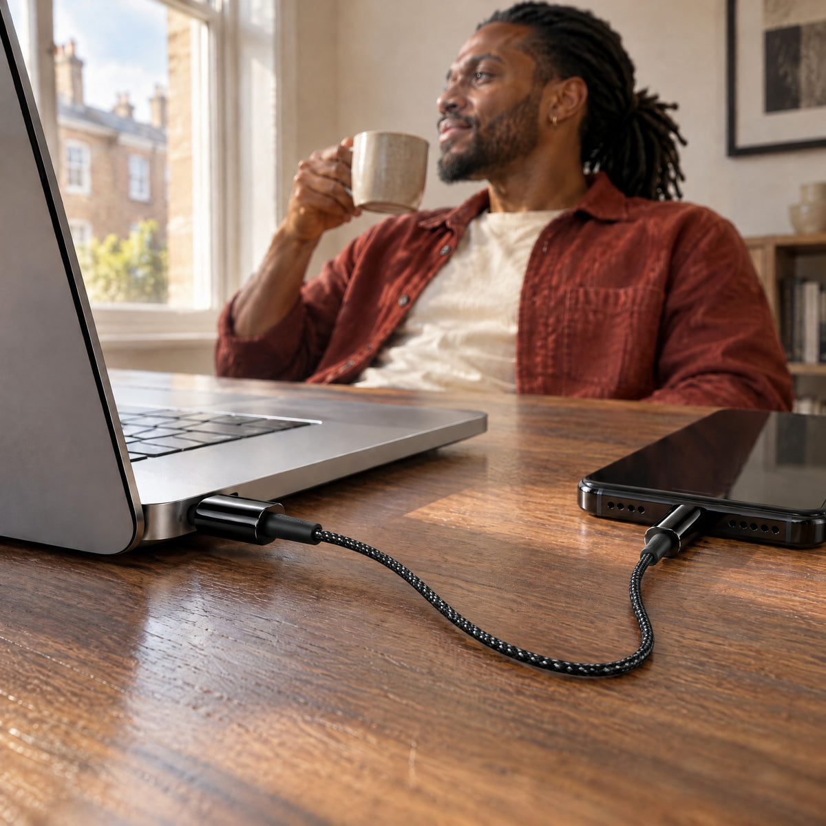 Man with a mug relaxing at his desk while the black Strand braided USB-C cable charges his phone from his laptop