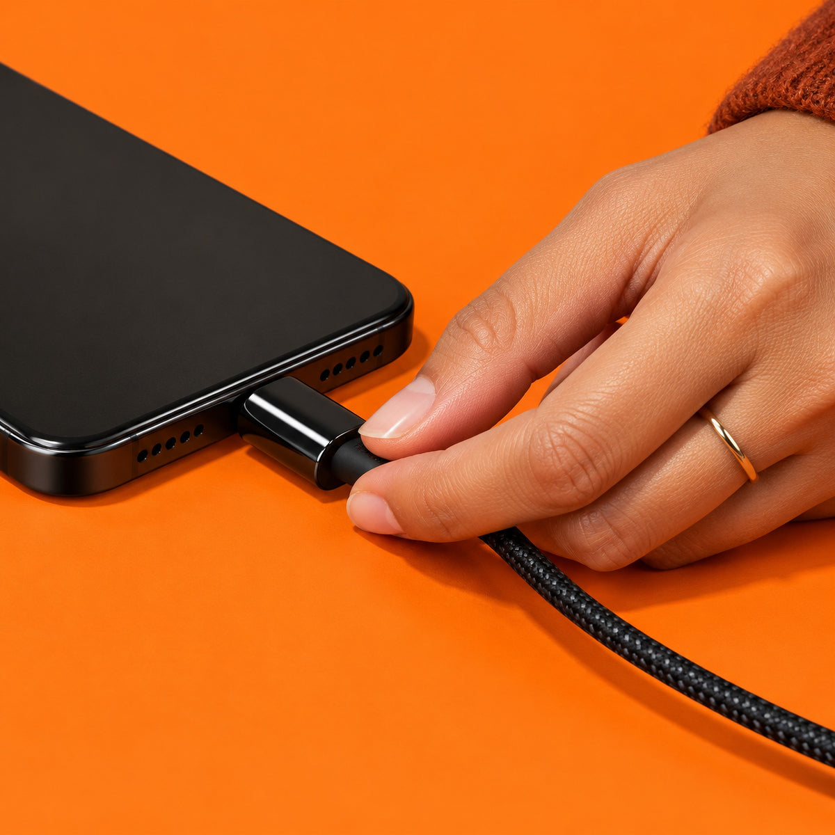 Hand plugging the black Strand braided USB-C cable into a phone on an orange backdrop