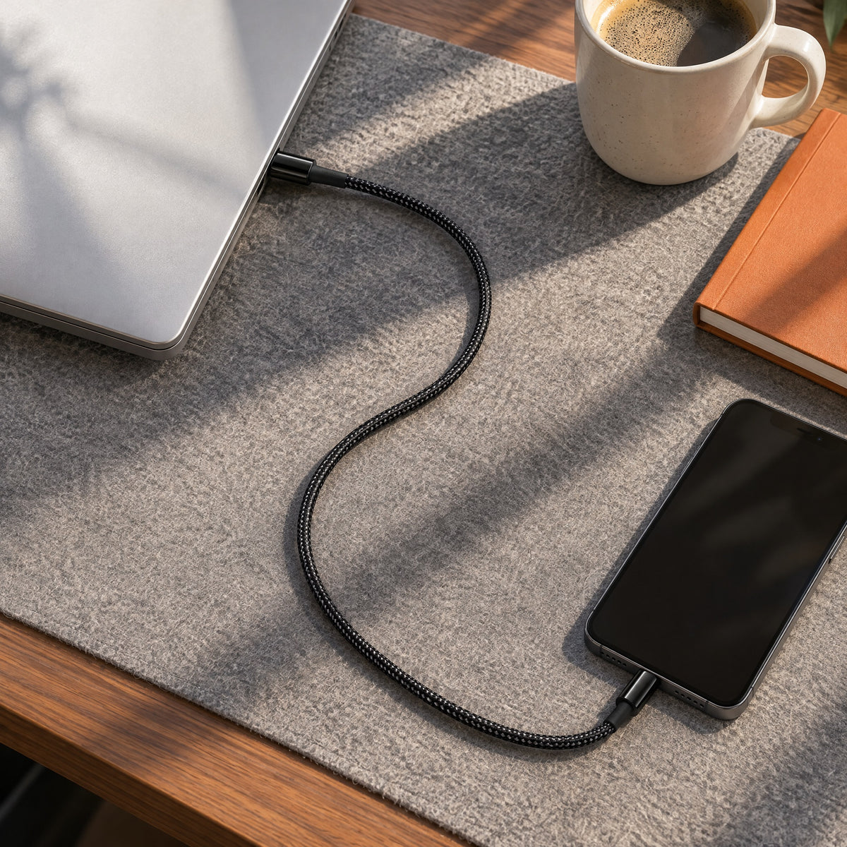 Strand USB-C cable running from a closed laptop to a phone on a grey felt desk mat