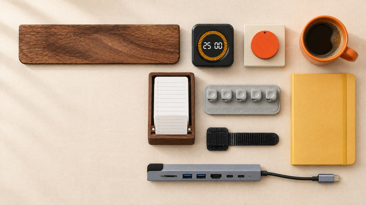 Walnut wrist rest, cube focus timer, control knob, daily list holder, magnetic cable holder, cable tie and USB-C hub laid out on a cream desk