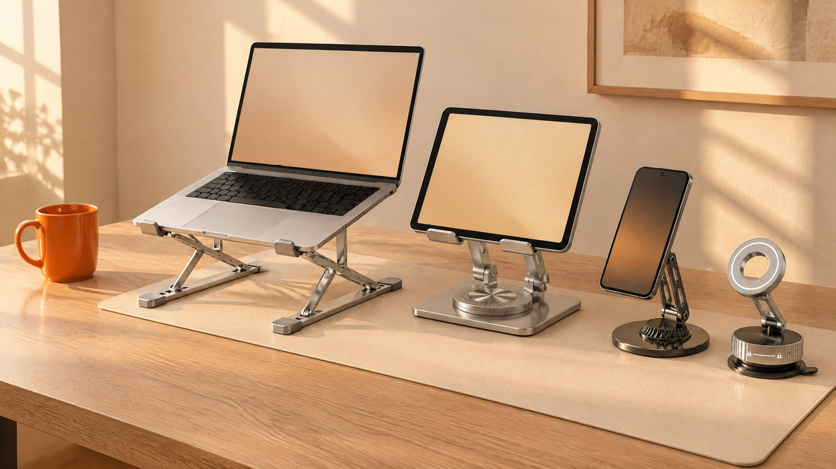 Laptop stand, rotating tablet stand, magnetic phone stand and suction phone mount on a cream desk mat