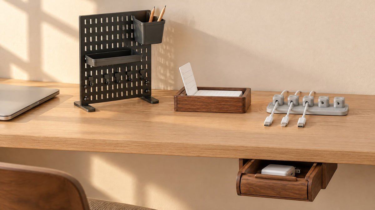 Desk pegboard, walnut daily list holder, magnetic cable holder with three cables and a walnut drawer under the desk