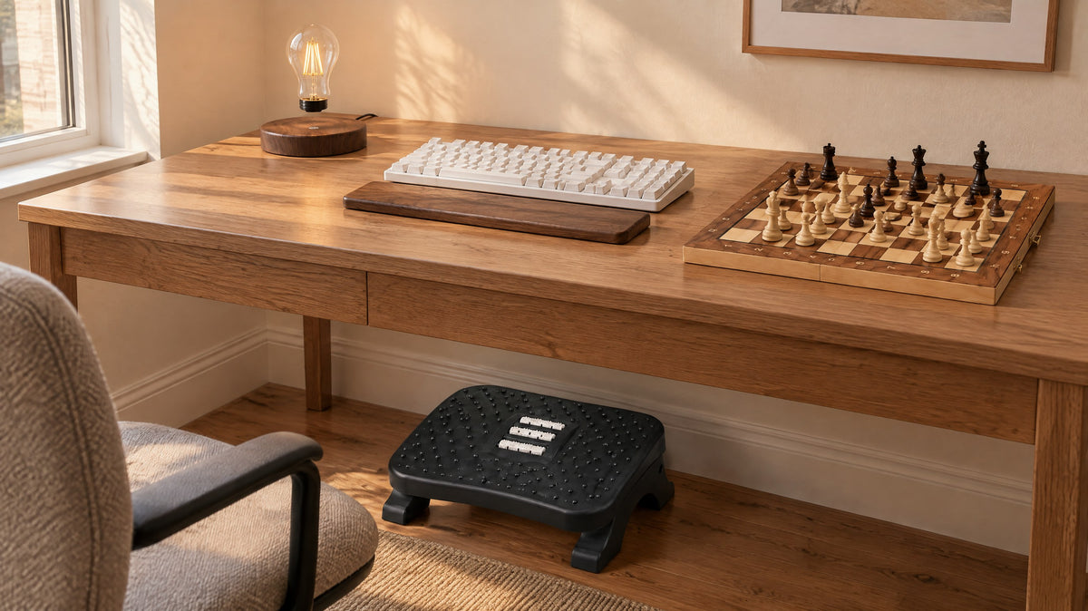 Massage footrest under an oak desk, levitating bulb lamp, walnut wrist rest and a folding chess set on the desk