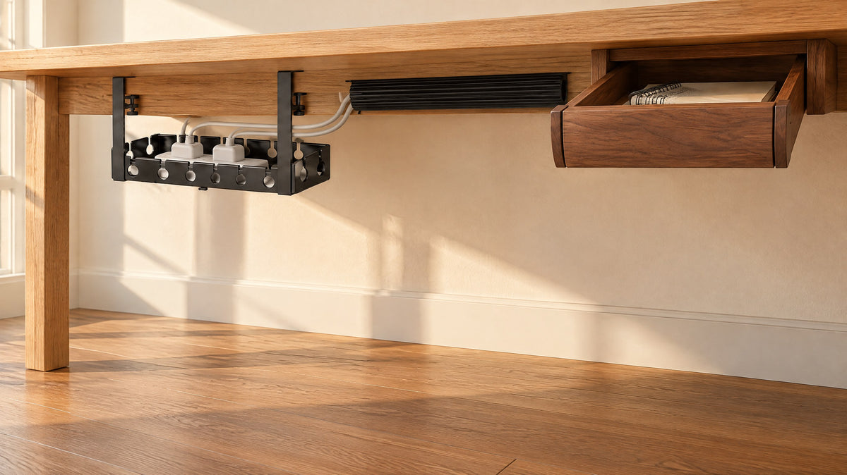 Under-desk cable tray with a power strip, cable channel and a walnut drawer fixed under an oak desk