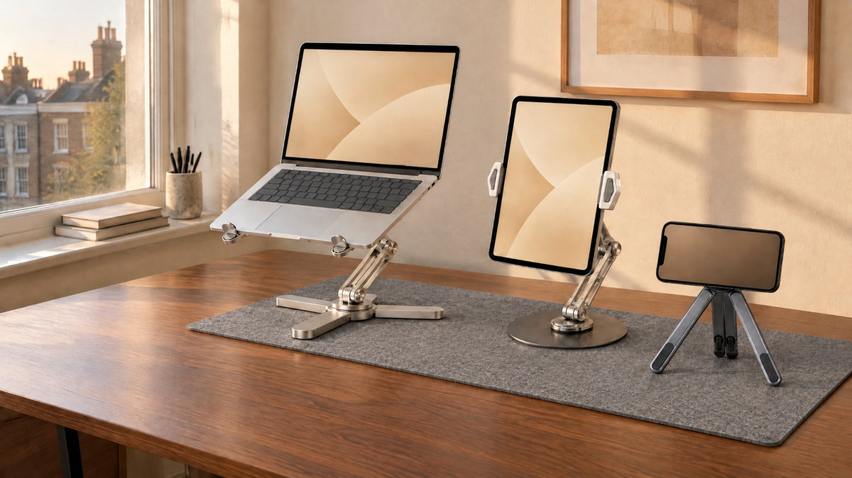 Laptop stand with laptop, rotating tablet arm and folding phone stand on a grey felt desk mat on a walnut desk